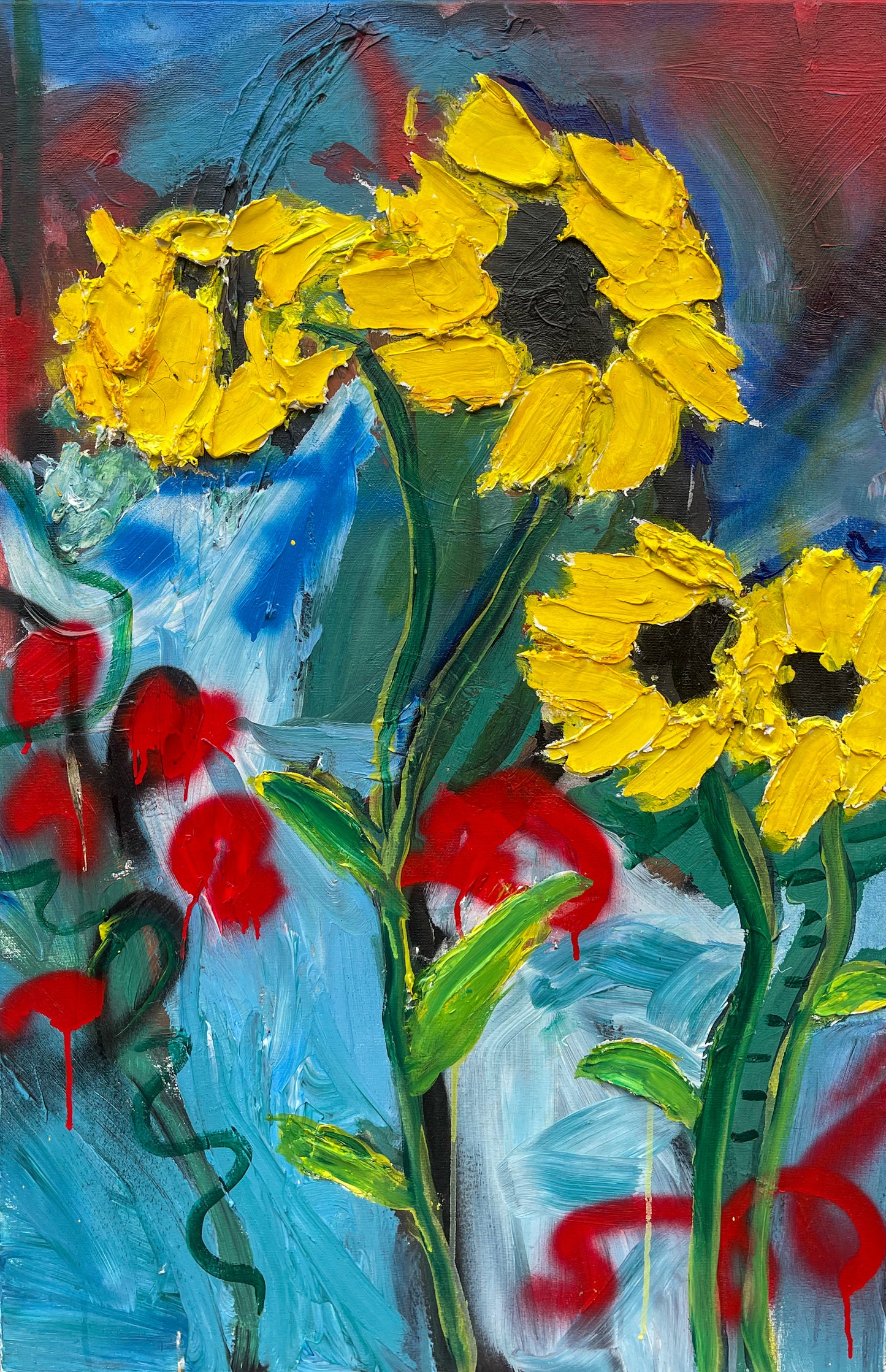“Sunflower Sunrise” acrylic paint, 36” x 48” 2024