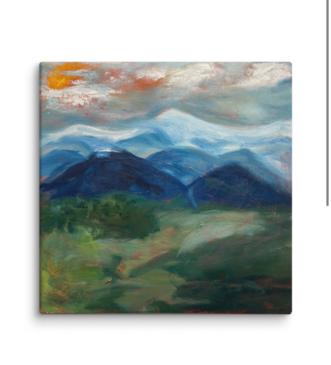 “Blue Ridge Mountains in the Summer with Sunset” print on stretched canvas, 2021 30”x30”