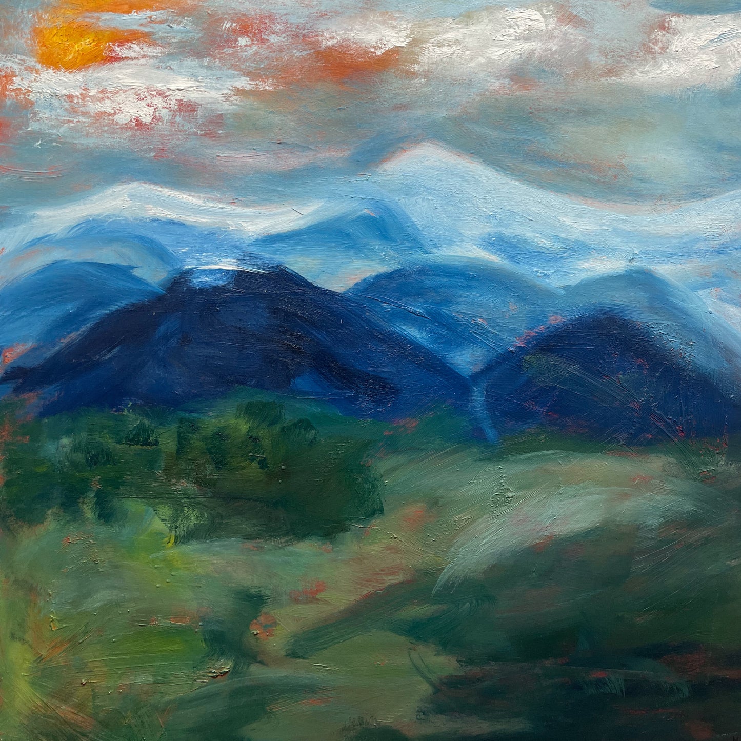 “Blue Ridge Mountains in the Summer with Sunset” print on stretched canvas, 2021 30”x30”